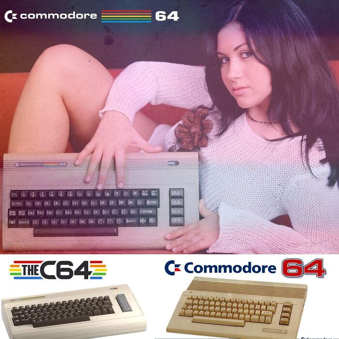 "Gen X woman holding a vintage Commodore 64, symbolizing nostalgia and humor exclusive to Gen X culture."