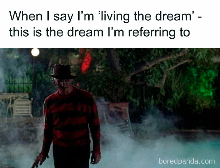 Gen X humor post with a spooky character in a foggy background referring to "living the dream".