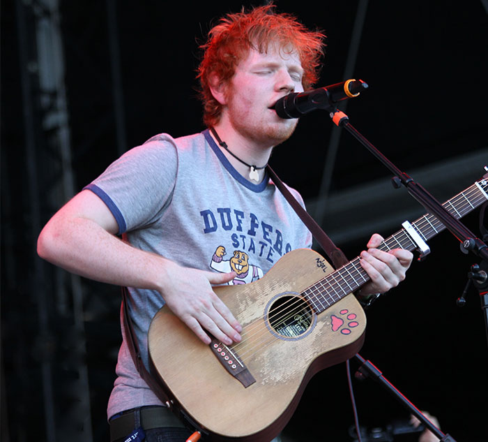 Celebrity performing on stage, wearing a "Duffer State" shirt, playing guitar and singing into a microphone.