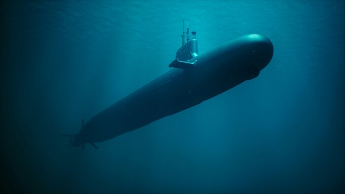 Submarine underwater displaying facts on naval technology and exploration.