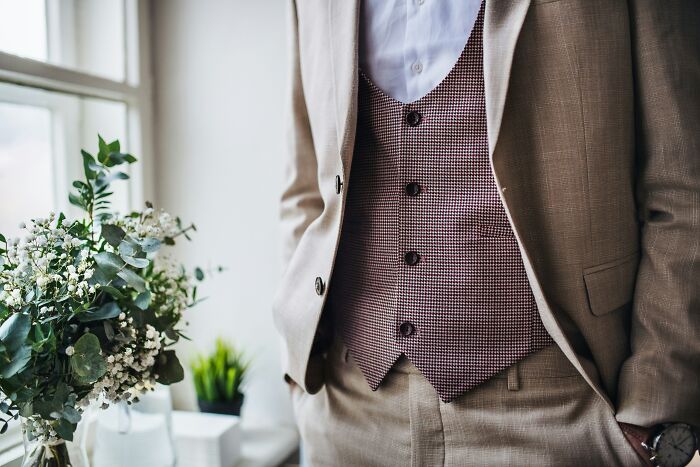 Man in beige suit with a checkered vest, standing by a bright window with a plant.