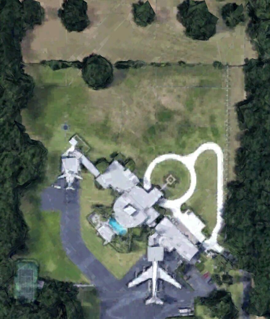 Strange airplane-shaped building spotted on Google Earth surrounded by greenery.