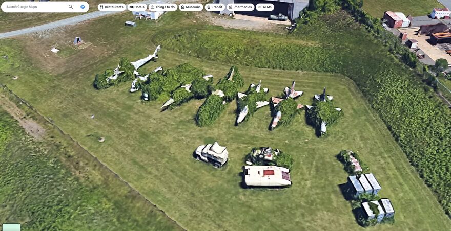 Strange aircraft shapes covered in greenery discovered on Google Earth.