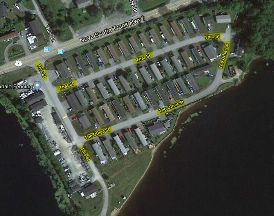 Strange street names found on Google Earth in Nova Scotia, including "This St," "That St," and "The Other St."