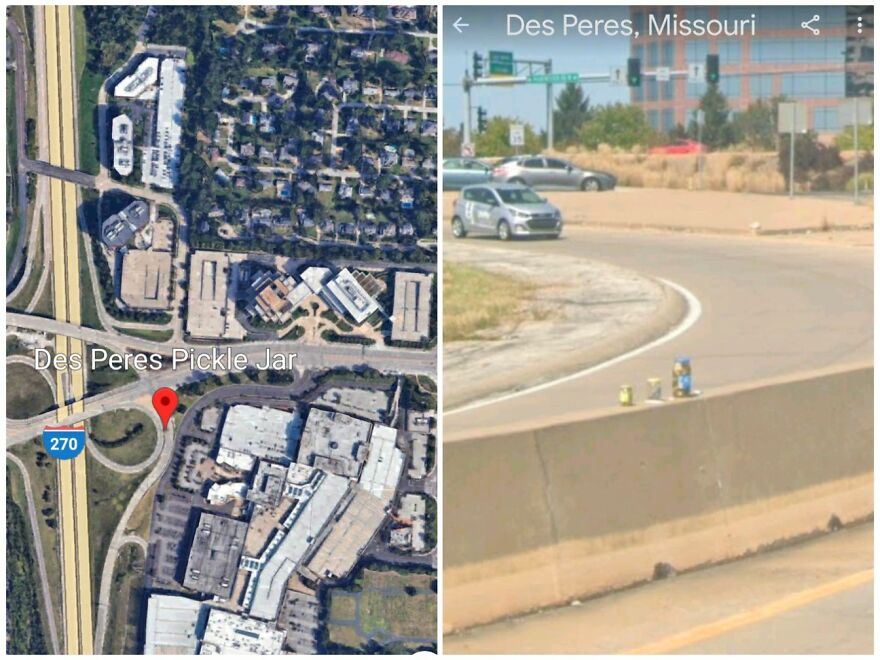 Strange discovery on Google Earth showing "Des Peres Pickle Jar" label near a highway intersection in Missouri.