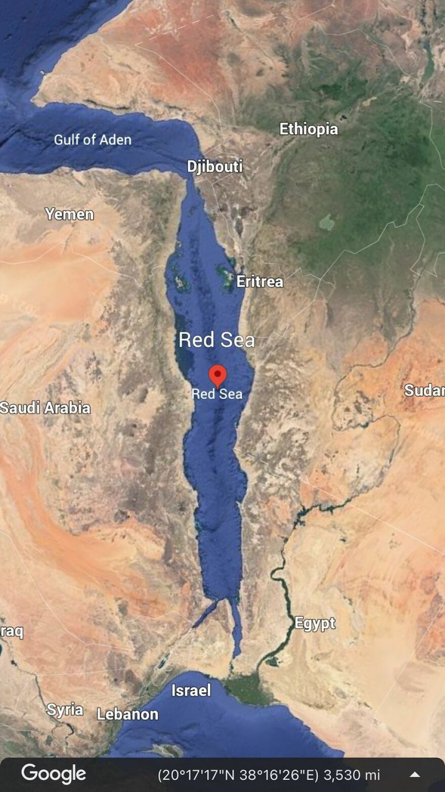 Google Earth view of the Red Sea surrounded by countries like Egypt, Saudi Arabia, and Yemen.