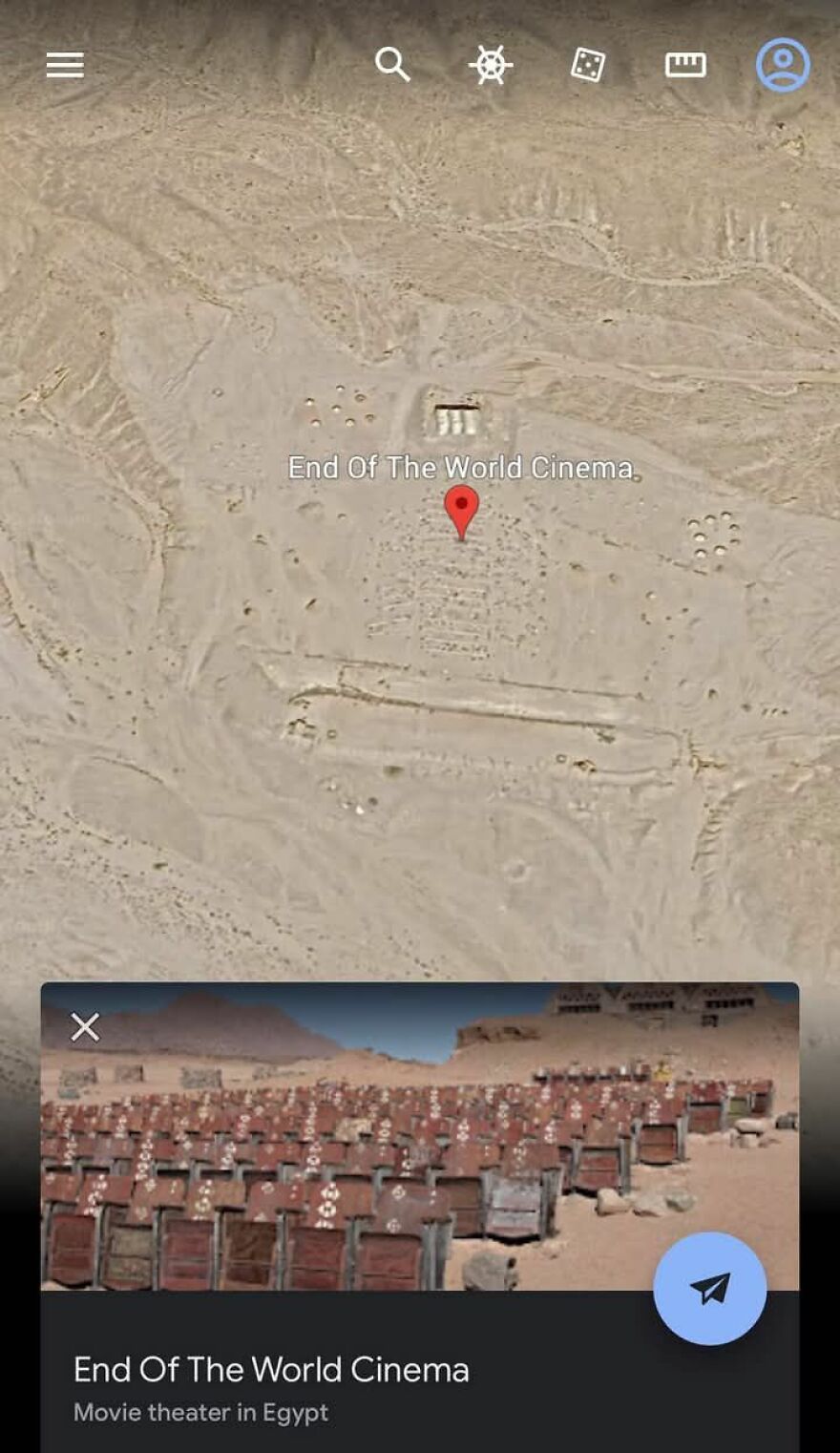 Google Earth view of the End Of The World Cinema, a movie theater in Egypt's desert.