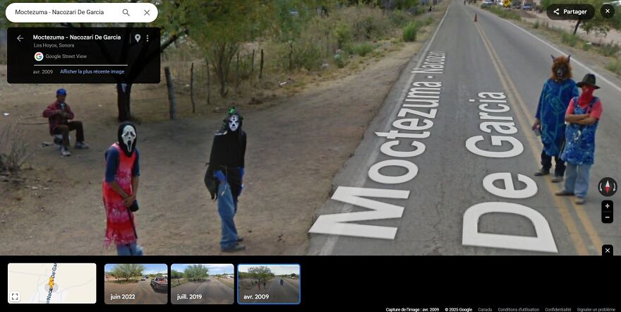 People in costumes spotted on Google Earth at Moctezuma-Nacozari De Garcia road, creating a strange scene.