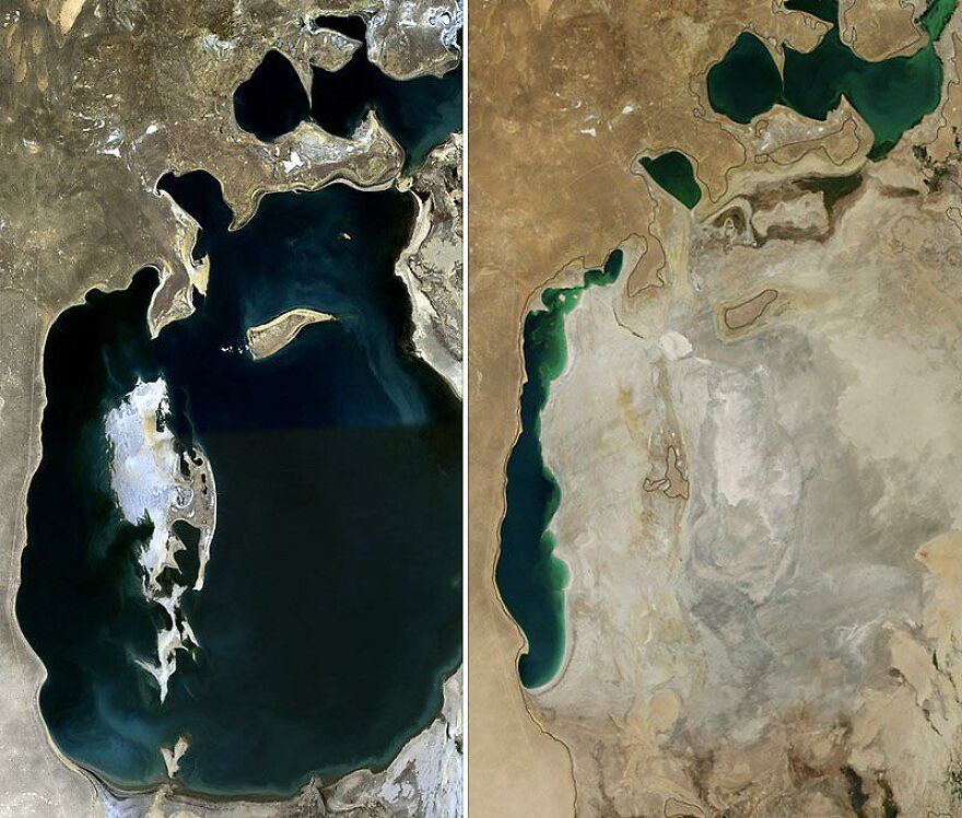 Satellite view of a shrinking lake, highlighting strange Earth changes found on Google Earth.