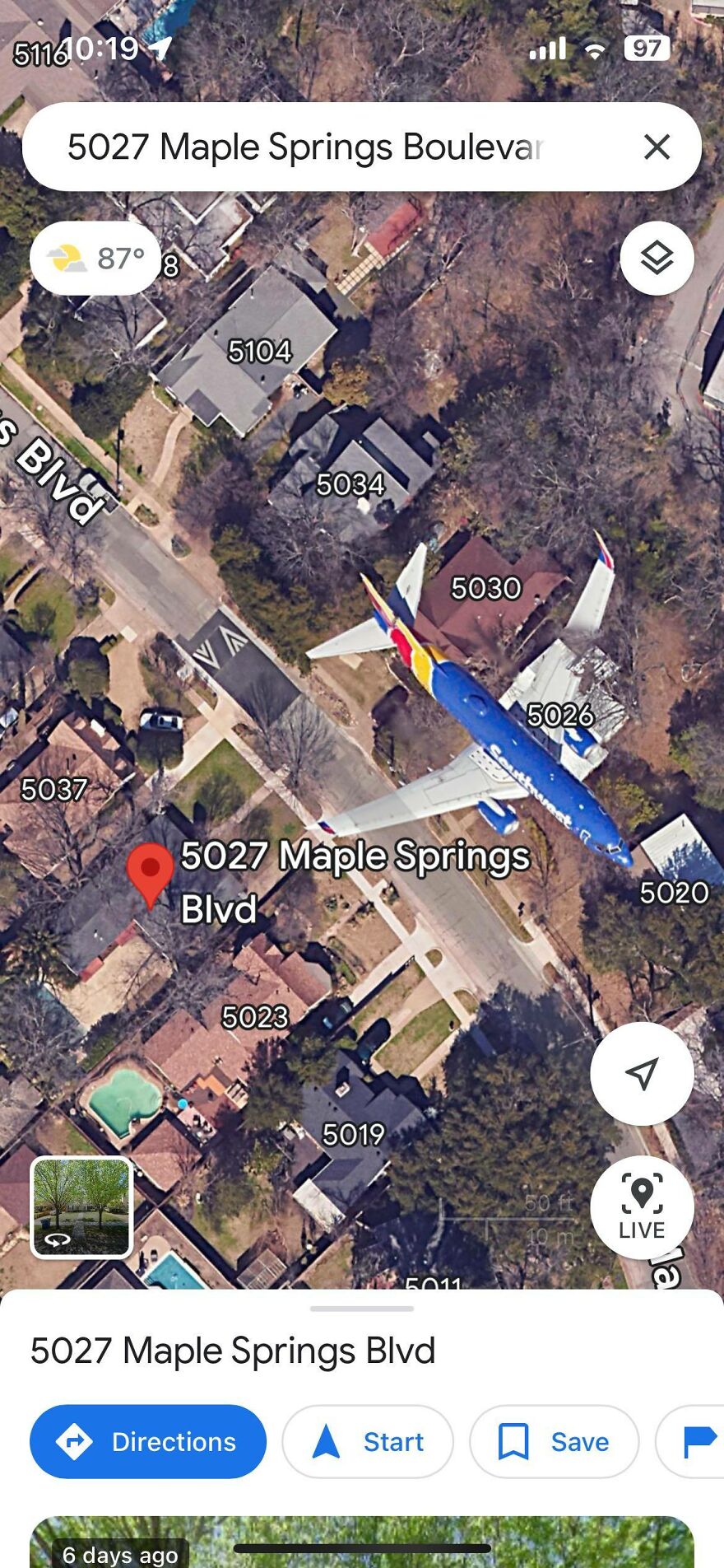 Google Earth view shows a plane overlay at 5027 Maple Springs Blvd with surrounding houses and streets visible.