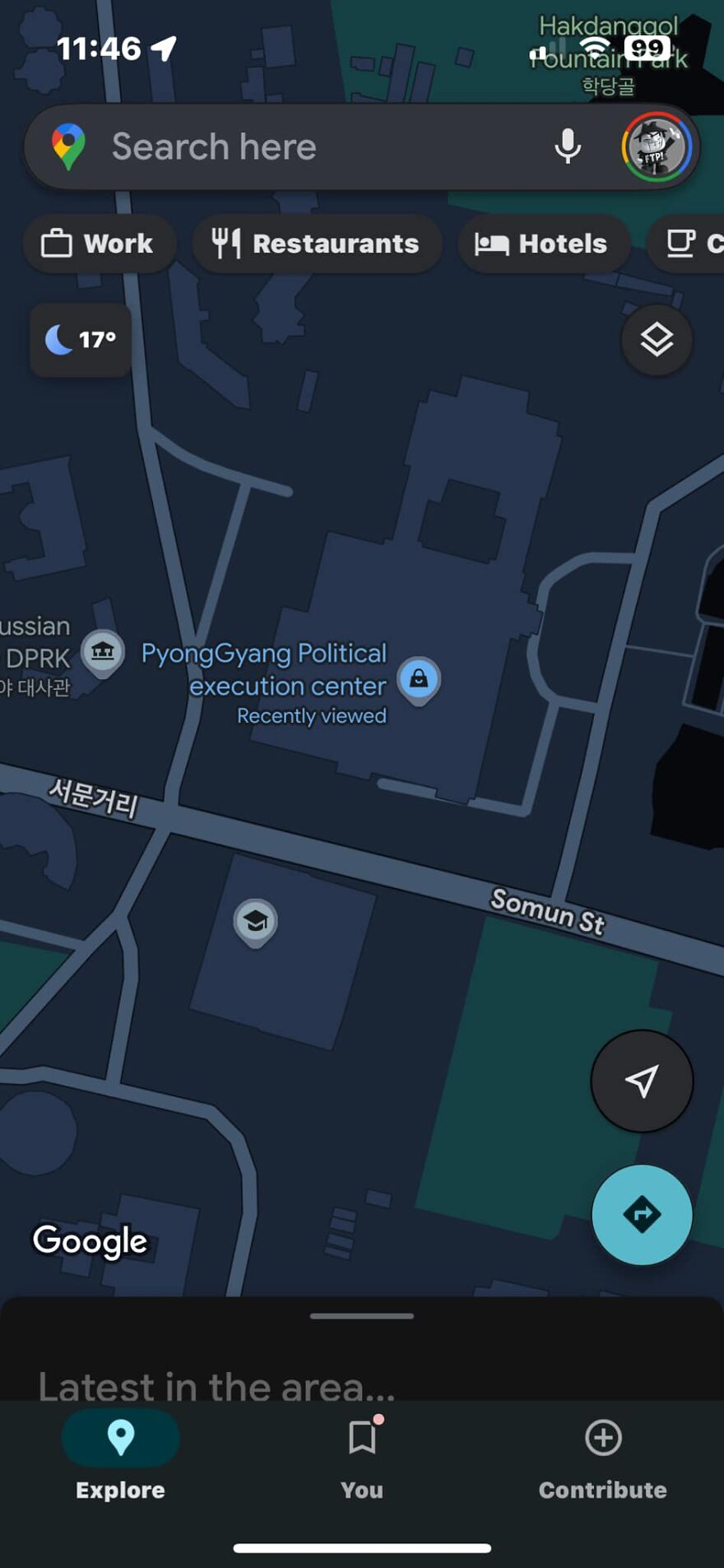 Strange Google Earth view showing Pyongyang Political Execution Center marked on map at night.