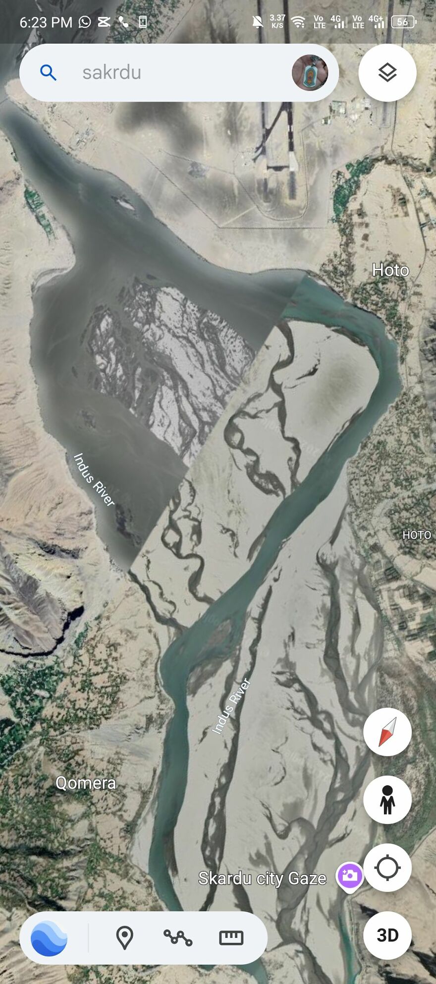 Strange Google Earth view of Indus River near Skardu showing unusual terrain features and landscape patterns.