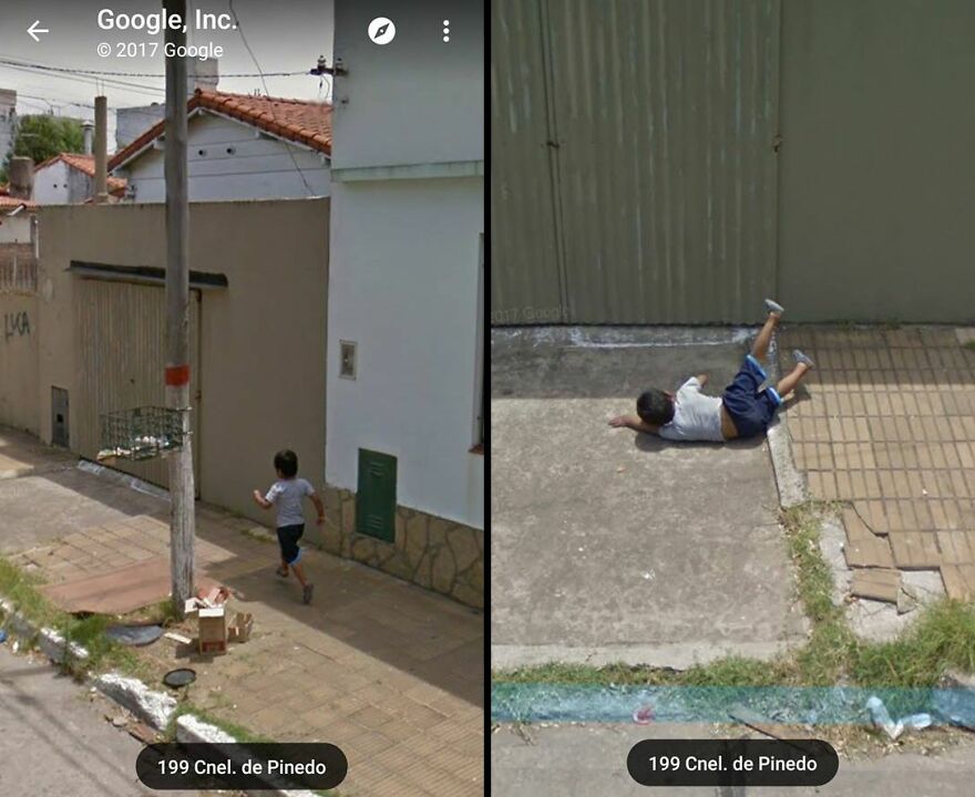 Child running and tripping on a sidewalk in Google Earth image, capturing a strange and unexpected moment.