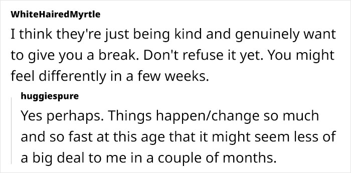 Online discussion about in-laws' babysitting offer and gift intentions, with parents questioning motives and a deadline involved.