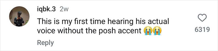 Comment discussing Gstaad Guy's real voice without a posh accent, showing emotional emojis and engagement.