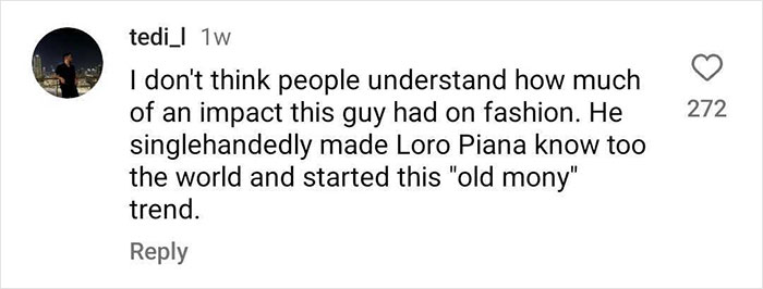 Comment on Gstaad-Guy's influence on fashion and Loro Piana, highlighting the "old money" trend.