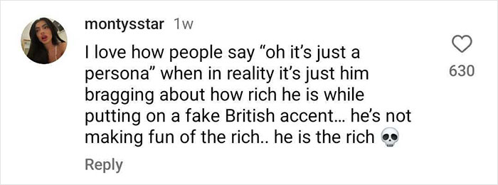 Comment discussing Gstaad Guy's persona and wealth, highlighting parody of billionaires online.