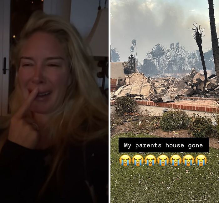 Celebrity emotional during LA wildfires; another image shows a house destroyed by fire.