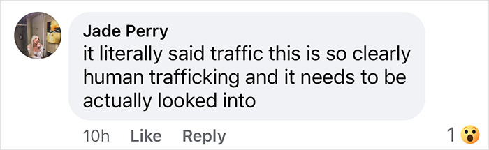 Comment about mysterious help signs sparking conspiracy theories, expressing concern over human trafficking.