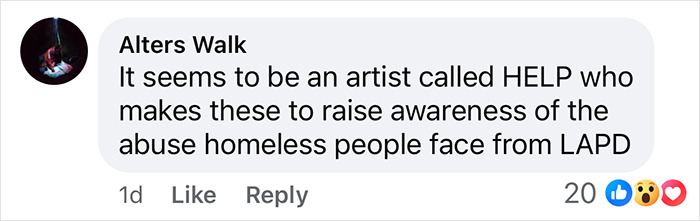 Comment discussing mysterious “Help” signs related to art for raising awareness about homelessness and LAPD issues.