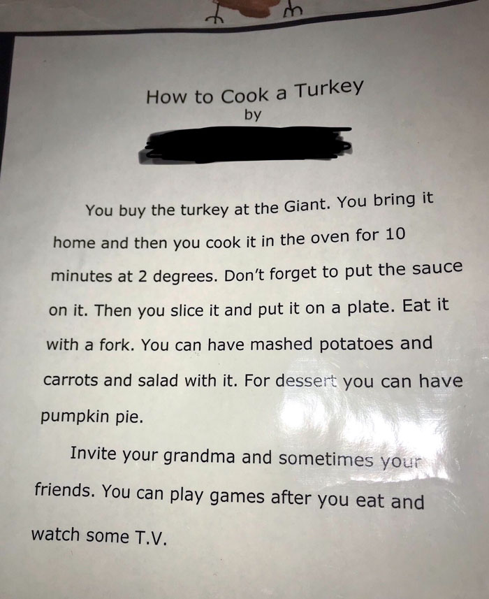 Funny turkey recipe written by a child, featuring simple and amusing cooking instructions.