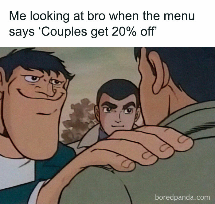 Anime characters with sly expressions under a text about couples' discount, showcasing random hilarious memes.