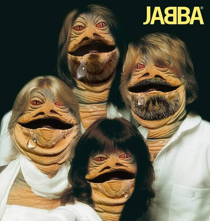 Group photo edited with Jabba the Hutt faces, creating a random hilarious meme.