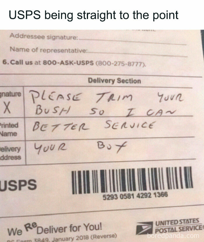 Funny meme of USPS note suggesting to trim bushes for better service.