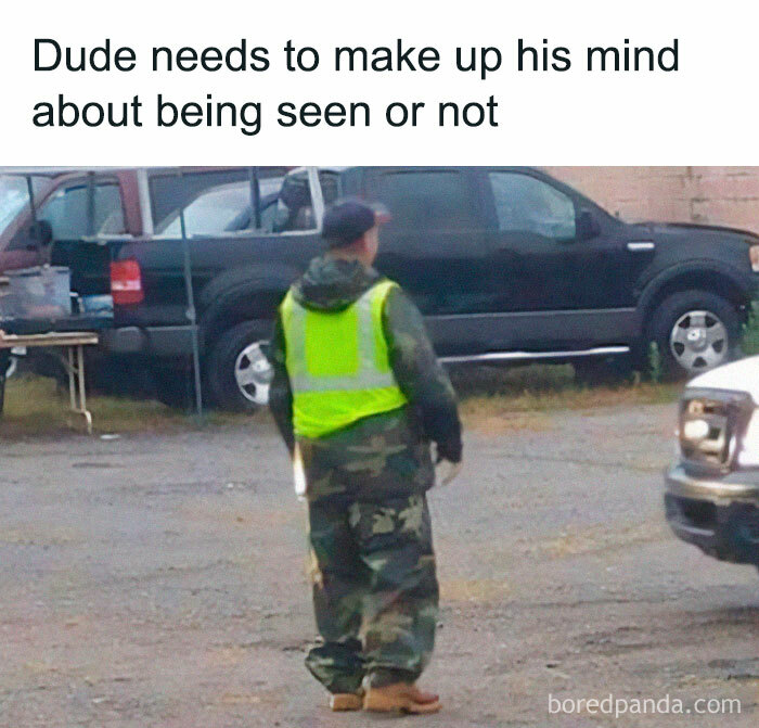 Man in camouflage and neon vest at parking lot, creating a random hilarious moment.