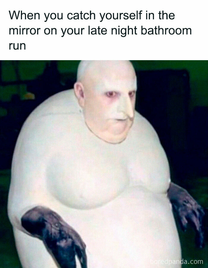 Humorous meme of a person in a white, round costume with text about late-night bathroom runs.