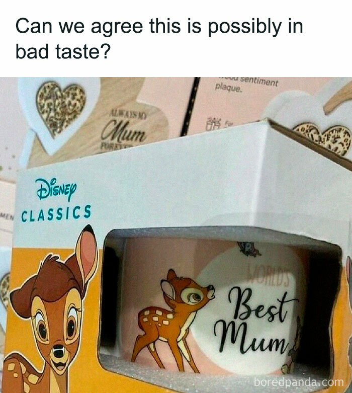 Meme of a Bambi-themed mug labeled "Best Mum," humor highlighting unintended irony in gift packaging.