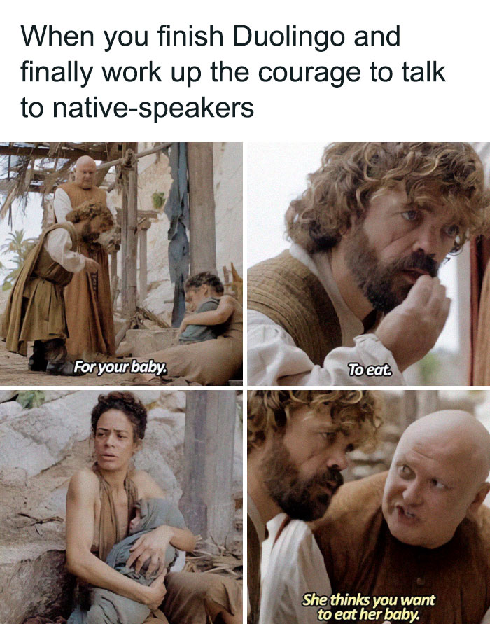 A hilarious random meme about language barriers featuring medieval characters and humorous subtitles.