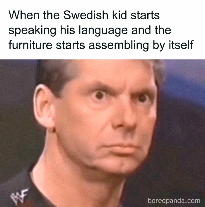 Man with surprised expression in a meme about a Swedish child assembling furniture, highlighting random hilarious memes.