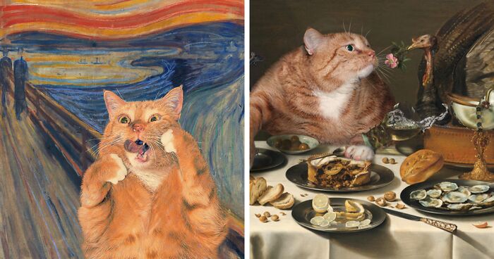 Artist Gives Makeover To These 15 Masterpieces By Including Her Photogenic Orange Cat (New Pics)