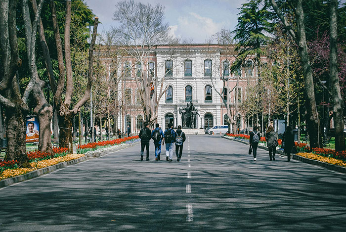 People walking down a tree-lined path towards a large building, surrounded by colorful tulips, illustrating a life journey.