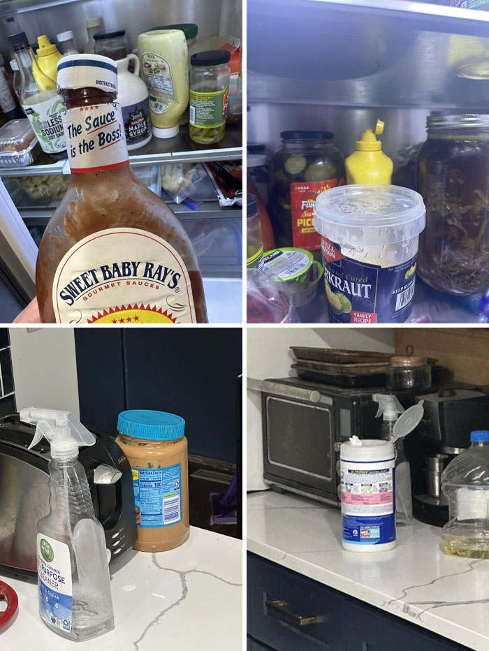 Messy kitchen with disorganized fridge and cluttered countertops, highlighting typical horrible roommates' habits.