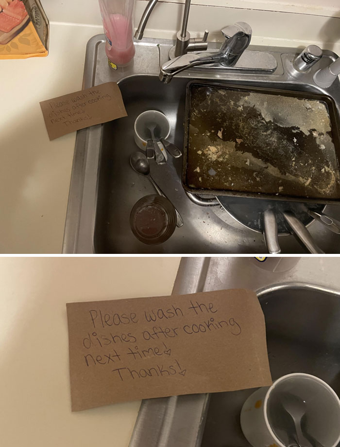 Dirty sink with dishes and a note asking to wash them, highlighting horrible roommates behavior.