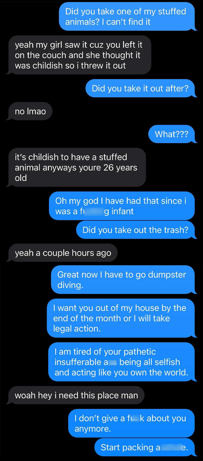 Text conversation highlighting a conflict with horrible roommates over a missing stuffed animal.