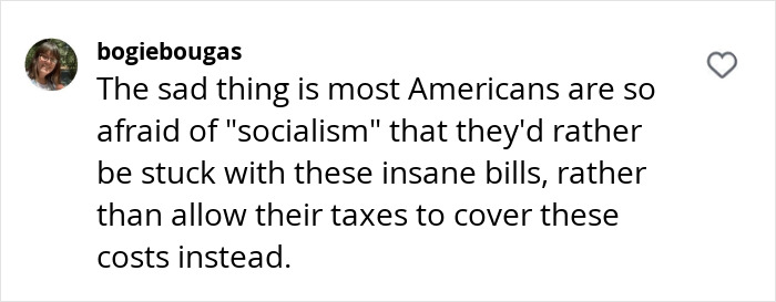 Comment on healthcare costs and socialism concerns from a user.