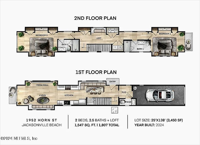 Floor plan of a small house in Florida, featuring two bedrooms, 2.5 baths, and loft space.