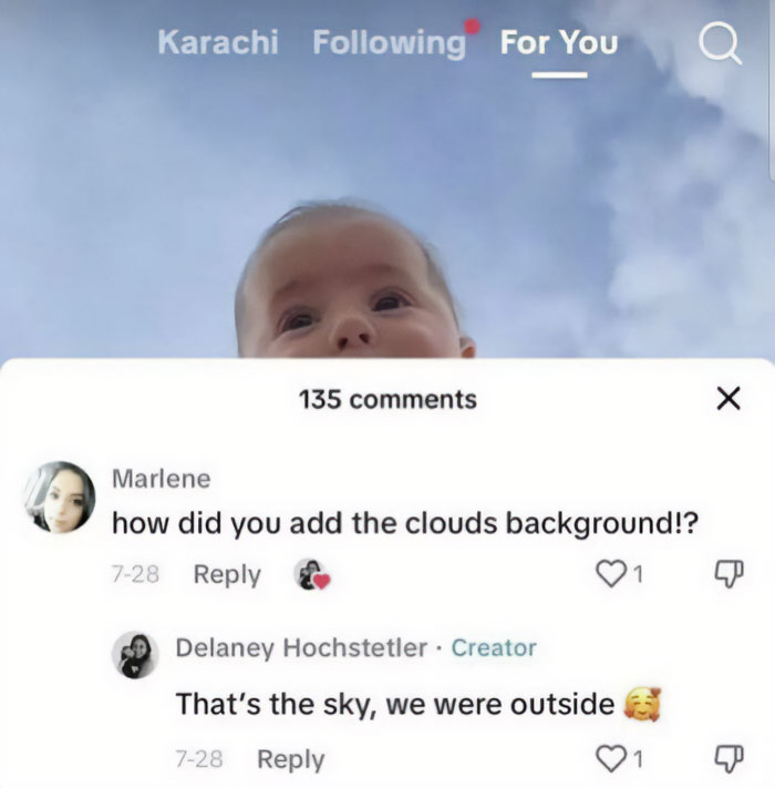 Baby looking up at the sky with a comment section below, related to humans-of-capitalism-pictures.