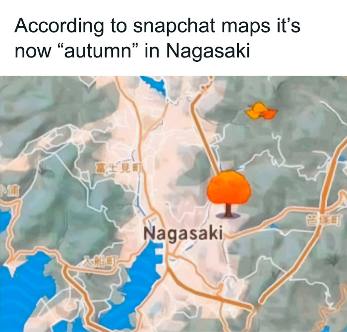 Snapchat map humor shows Nagasaki marked with a giant orange tree icon, indicating "autumn" hilariously.