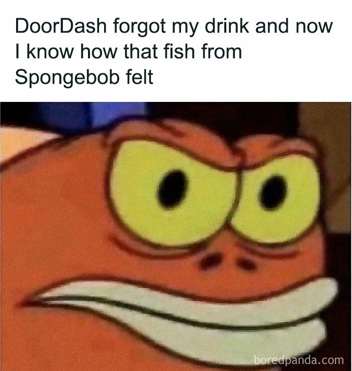 Cartoon fish with angry expression and text about missing DoorDash drink, part of random yet hilarious memes.