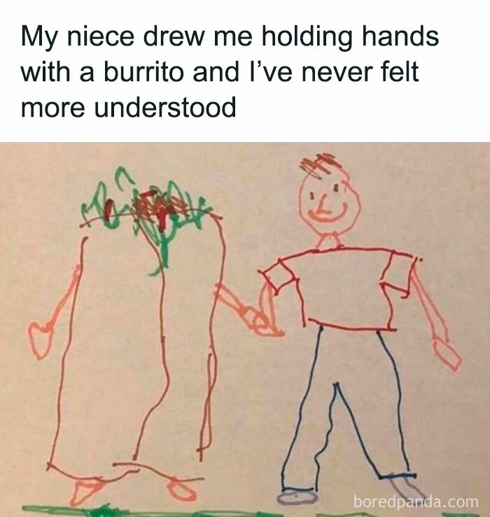 Child's drawing of a person holding hands with a burrito, showcasing random yet hilarious meme humor.