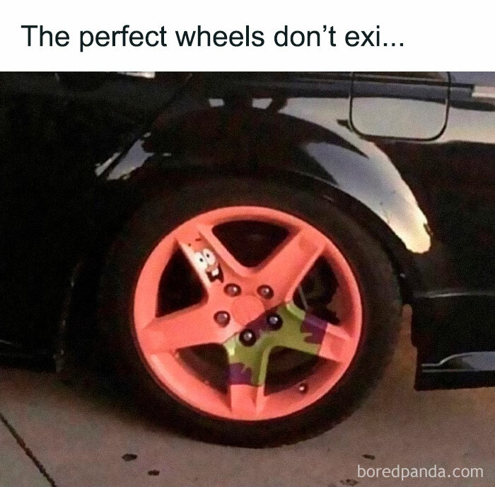 Hilarious meme featuring Patrick Star-themed car wheel design.