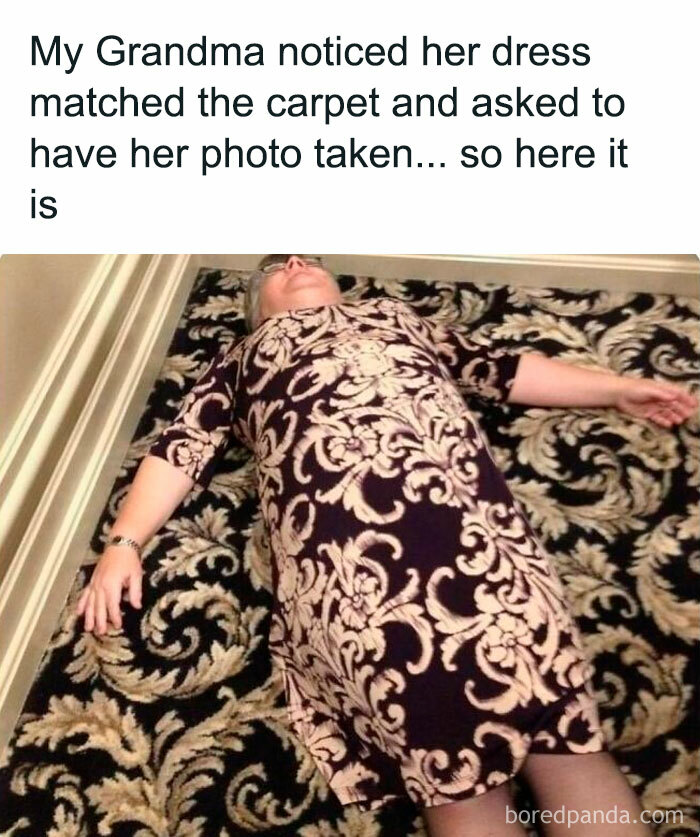 Grandma poses in a matching patterned dress and carpet, humorously blending into the floor like a random meme.