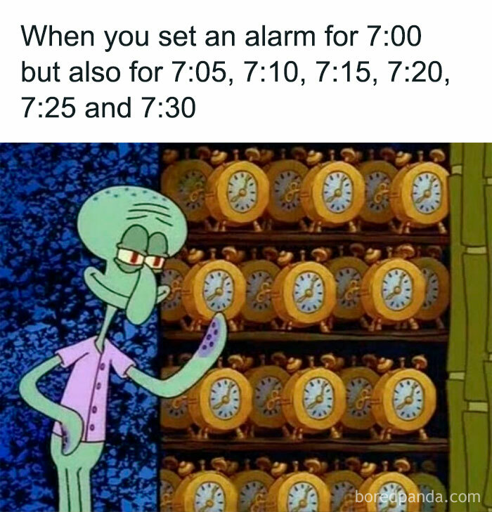 Squidward humorously pondering multiple alarm clocks, highlighting random yet hilarious memes.