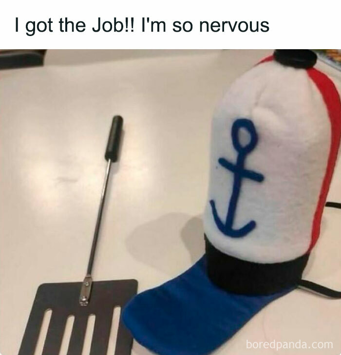 Spatula and hat with anchor symbol, accompanied by humorous text about a new job, from a meme-focused Instagram page.