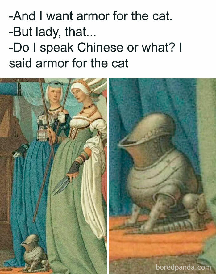 Two women in medieval attire discuss cat armor in a humorous meme based on great works of art.