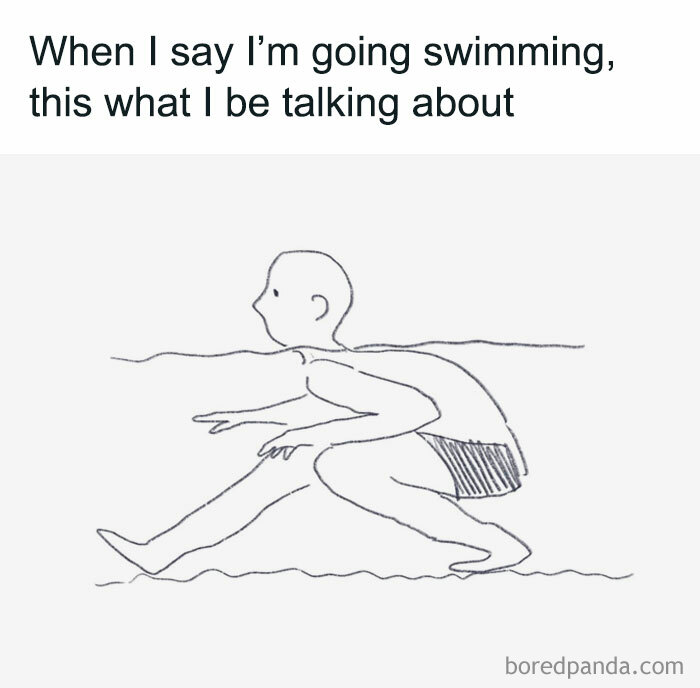 Cartoon meme of a person walking underwater, humorously redefining swimming.